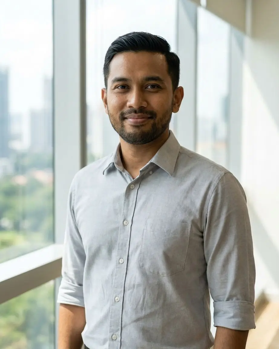 身穿袖子卷起的灰色衬衫、站在办公室窗边的 Amir Razak