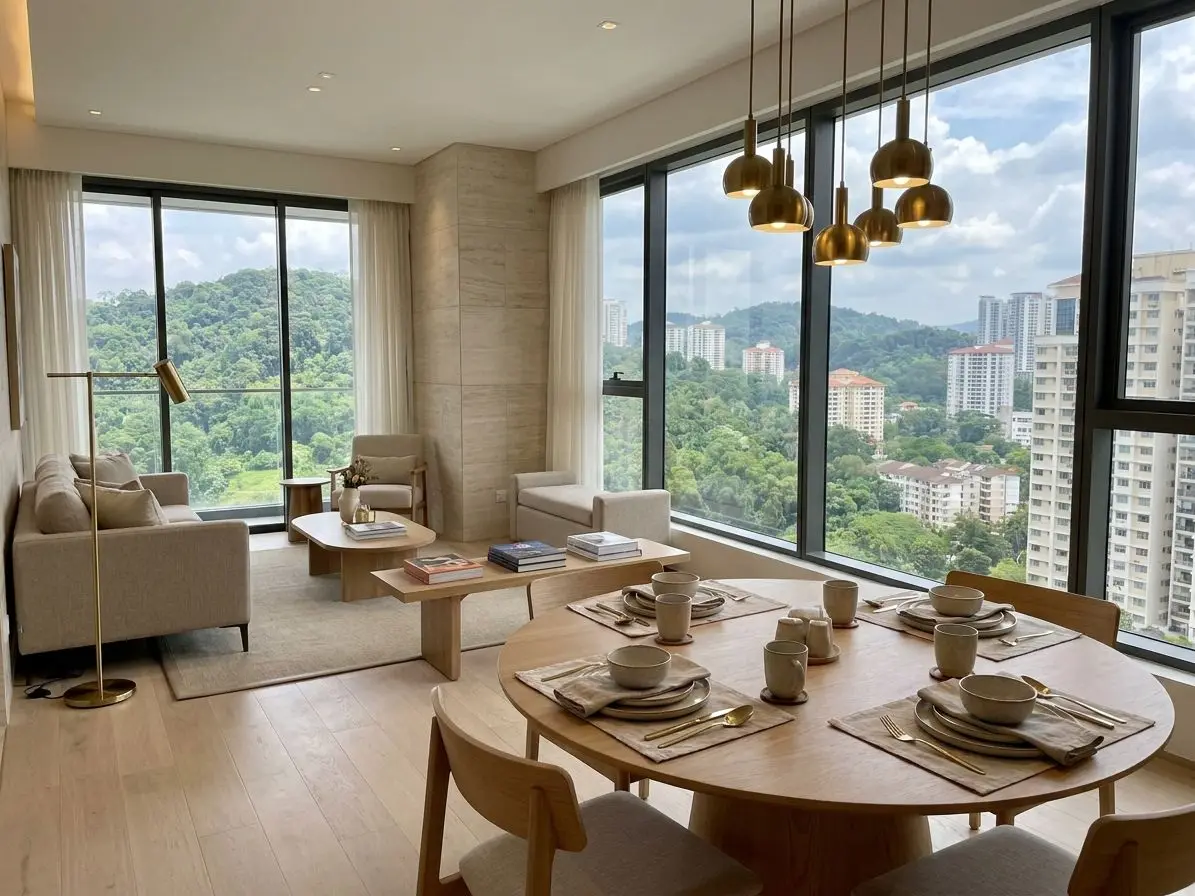 样板单位,黄铜吊灯下摆好四人餐具的圆形橡木餐桌,窗外是青山