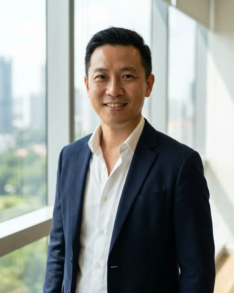 身穿深蓝西装与白衬衫、站在办公室窗边的 Marcus Wong