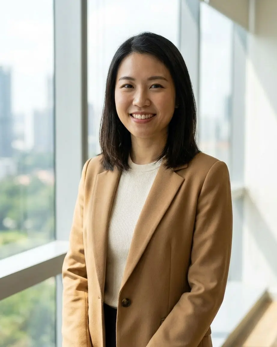 身穿驼色西装、站在办公室窗边的 Sarah Chen